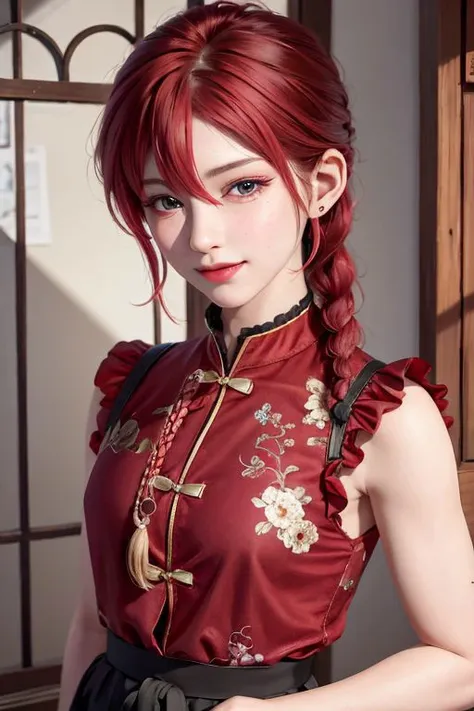 8k, real picture, intricate details, ultra-detailed,(photorealistic), 
<lora:RanmaChanV2:0.6> RanmaChan,  red hair,  ranma-chan, pants, tangzhuang, red shirt, blue eyes, braided ponytail, black pants, high-waist pants, blush, shirt, braid,  short sleeves, chinese clothes,  bangs, hair between eyes,  single braid,  smile,
detailed (wrinkles, folds!, viens, skin imperfections:0.1),
<lora:beautifuleyeslikeness_purefacelikeness:0.01> finely detailed beautiful eyes, close-up, small eyes, look at viewer,
<lora:hipoly3DModelLora_v10:0.2>,