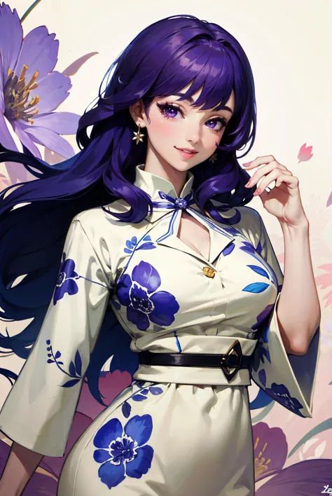 highres, (masterpiece:1.2), (best quality, highest quality),purple eyes, purple hair, long hair, edgVTD, wearing edgVTD, floral print, smile 
<lora:edgVintageTeaDress:1>