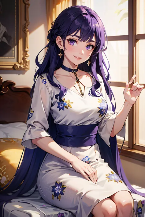 highres, (masterpiece:1.2), (best quality, highest quality),purple eyes, purple hair, long hair, edgVTD, wearing edgVTD, floral print, smile 
<lora:edgVintageTeaDress:0.8>