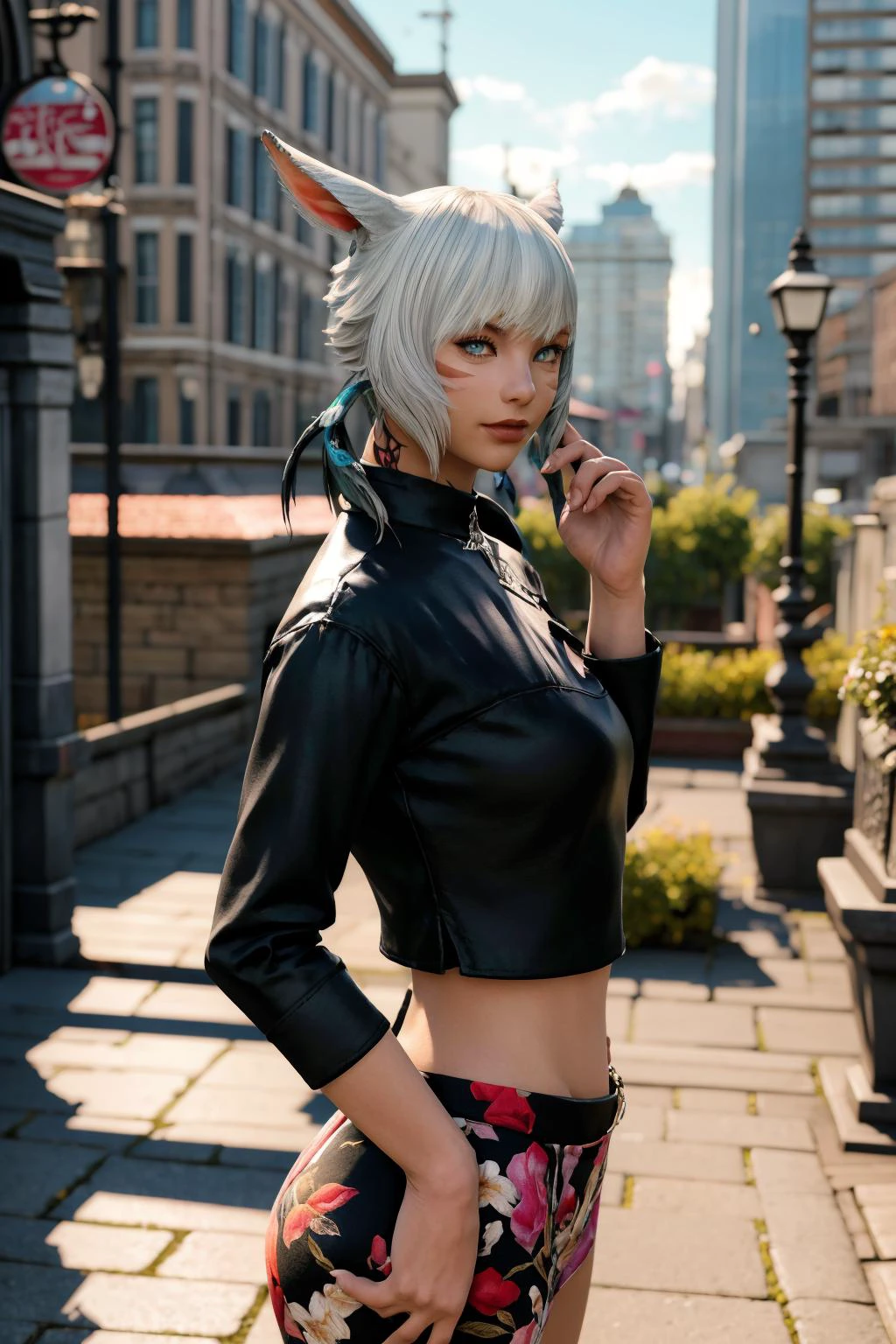 (masterpiece:1.4, best quality), (intricate details), unity 8k wallpaper, ultra detailed (Y shtola Rhul, miqo'te, <lora:yamiao1.0:0.7>), (<lora:edgVintageTeaDress:0.8> red edgVTD, wearing edgVTD, floral print), posing, side view, looking at viewer, inside cityscape, cyberpunk, noon, midday, warm lighting, (depth of field, bokeh, 4K, hyper realism, soft light, dramatic light, sharp, HDR)