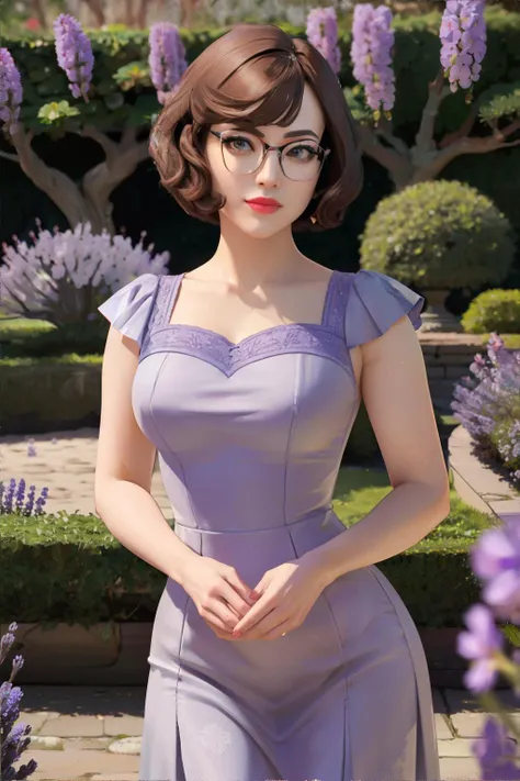 <lora:bzl_06:0.8> <lora:vintageteadress:0.8>, bzl_test wearing lavendar vintage teadress, edgVTD, curly brown bob haircut, glasses, (blue|green|grey) eyes, closed smile, elegant garden || masterpiece, perfect quality, sharp focus, shallow depth of field, 8k