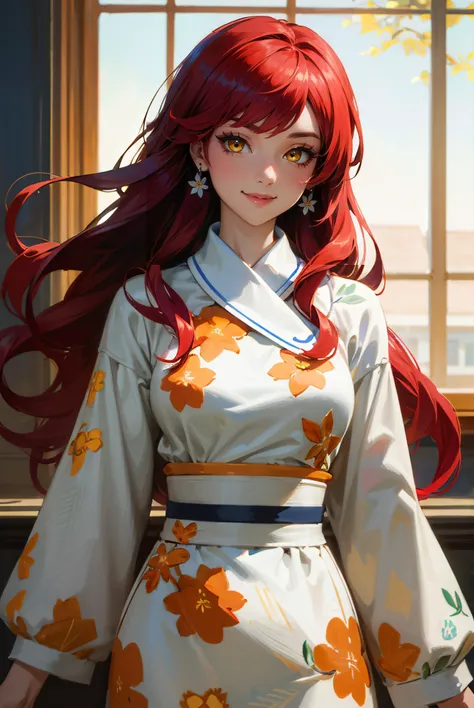 highres, (masterpiece:1.2), (best quality, highest quality),yellow eyes, red hair, long hair, edgVTD, wearing edgVTD, floral print, smile 
<lora:edgVintageTeaDress:1>