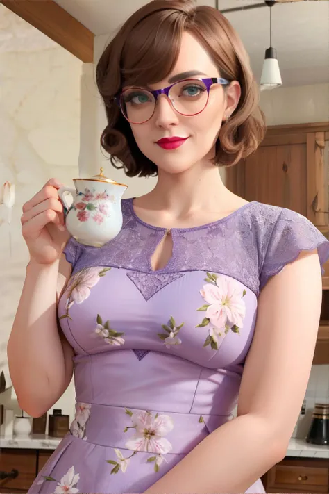 <lora:bzl_06:0.8> <lora:vintageteadress:0.8>, bzl_test wearing lavendar vintage teadress, floral print, edgVTD, curly brown bob haircut, glasses, (blue|green|grey) eyes, closed smile, drinking tea || masterpiece, perfect quality, sharp focus, shallow depth of field, 8k