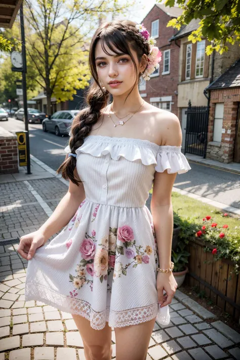(realistic:1.3), finely detailed, quality, rembrandt lighting, (masterpiece:1.2), (photorealistic:1.2), (best quality), (detailed skin:1.3), (intricate details), dramatic, ray tracing, 1girl, french girl, 21 years old, detailed skin texture, (blush:0.5), (goosebumps:0.5), subsurface scattering, smiling, medium breasts, braided hair loop, hair ring, bangs, hair between eyes, one-shoulder off dress, puffy sleeves, short sleeves, floral print, edgVTD, wearing edgVTD, cowboy shot, skirt hold, (bright sunny day, village, cobblestone footpath, sky), <lora:edgVintageTeaDress:1>