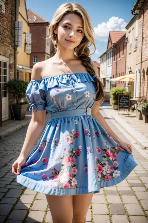 (realistic:1.3), finely detailed, quality, rembrandt lighting, (masterpiece:1.2), (photorealistic:1.2), (best quality), (detailed skin:1.3), (intricate details), dramatic, ray tracing, 1girl, french girl, 21 years old, detailed skin texture, (blush:0.5), (goosebumps:0.5), subsurface scattering, smiling, medium breasts, braided hair loop, hair ring, bangs, hair between eyes, one-shoulder off dress, puffy sleeves, short sleeves, floral print, edgVTD, wearing edgVTD, cowboy shot, skirt hold, (bright sunny day, village, cobblestone footpath, sky), <lora:edgVintageTeaDress:1>