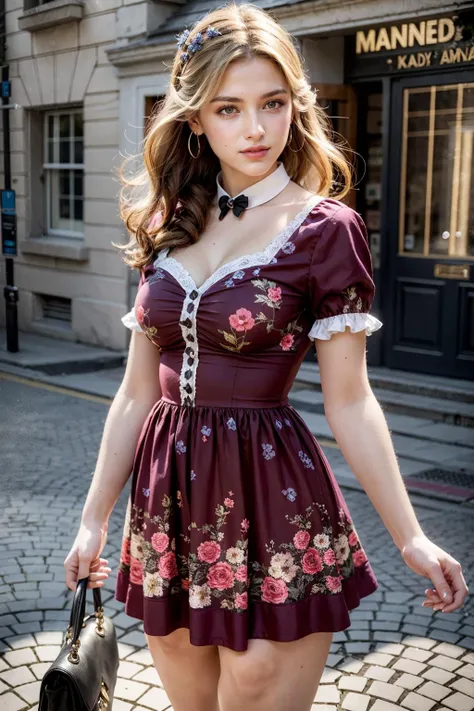 (realistic:1.3), finely detailed, quality, rembrandt lighting, (masterpiece:1.2), (photorealistic:1.2), (best quality), (detailed skin:1.3), (intricate details), dramatic, ray tracing, 1girl, french girl, 21 years old, detailed skin texture, (blush:0.5), (goosebumps:0.5), subsurface scattering, smiling, medium breasts, long hair curls, bangs, hair between eyes, square collar, dress, puffy sleeves, short sleeves, floral print, edgVTD, wearing edgVTD, cowboy shot,  (bright sunny day, village, cobblestone footpath, sky), <lora:edgVintageTeaDress:1>