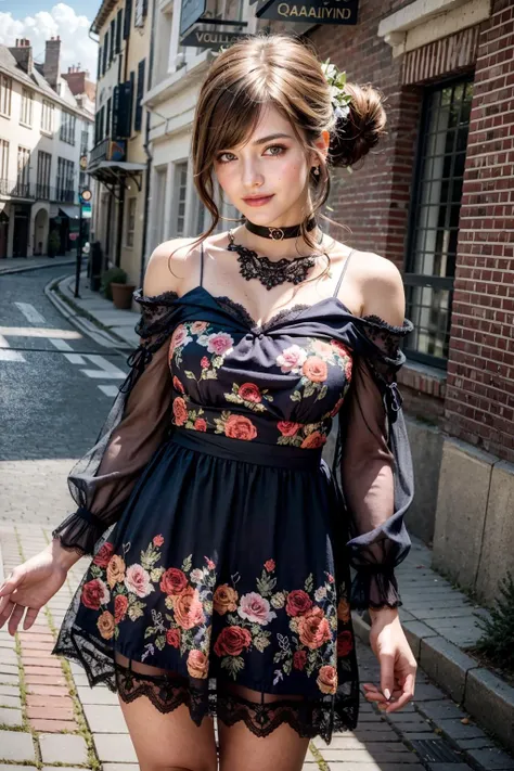 (realistic:1.3), finely detailed, quality, rembrandt lighting, (masterpiece:1.2), (photorealistic:1.2), (best quality), (detailed skin:1.3), (intricate details), dramatic, ray tracing, 1girl, french girl, 21 years old, detailed skin texture, (blush:0.5), (goosebumps:0.5), subsurface scattering, smiling, medium breasts, updo hair, bangs, hair between eyes, lace dress, black dress, long sleeves, floral print, edgVTD, wearing edgVTD, cowboy shot, contrapposto, (bright sunny day, village, cobblestone footpath, sky), <lora:edgVintageTeaDress:1>