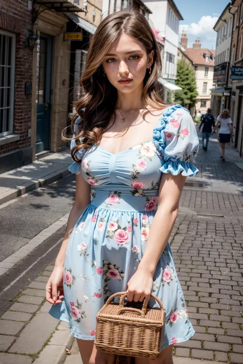 (realistic:1.3), finely detailed, quality, rembrandt lighting, (masterpiece:1.2), (photorealistic:1.2), (best quality), (detailed skin:1.3), (intricate details), dramatic, ray tracing, 1girl, french girl, 21 years old, detailed skin texture, (blush:0.5), (goosebumps:0.5), subsurface scattering, smiling, medium breasts, long hair curls, bangs, hair between eyes, square collar, dress, puffy sleeves, short sleeves, floral print, edgVTD, wearing edgVTD, cowboy shot, (bright sunny day, village, cobblestone footpath, sky), <lora:edgVintageTeaDress:1>