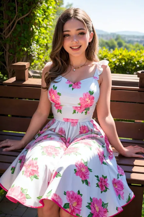 <lora:edgVintageTeaDress:1.2>,
woman, edgVTD, (wearing edgVTD:1.4), floral print, formal dress attire, popmart, laughing, looking at viewer, animated, excited, teasing viewer, natural light, posing, afternoon tea, outdoor setting, garden, summer day, full body,
(masterpiece, best quality, highres),