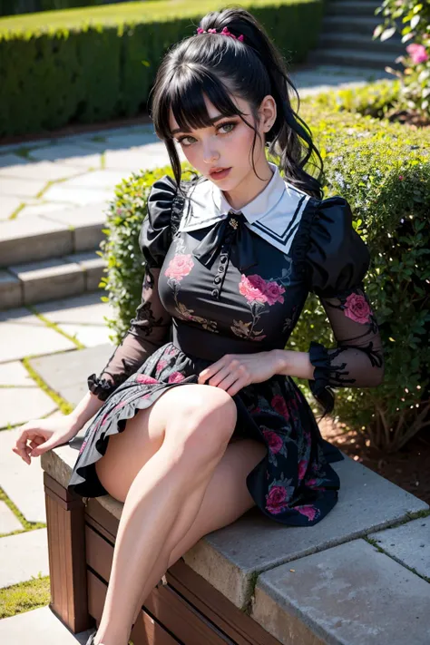 <lora:edgVintageTeaDress:1.2>,
beautiful goth woman, edgVTD, (wearing edgVTD:1.4), dark floral print, collared dress, formal dress attire, perfect hair, ponytail, looking at viewer, curtsey, accidental upskirt, teasing viewer, natural light, posing, afternoon tea, outdoor setting, garden, summer day, full body,
(masterpiece),