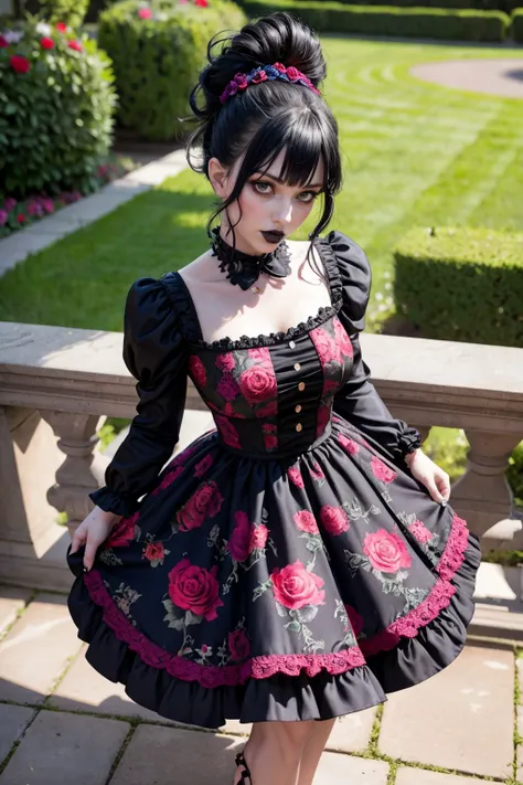 <lora:edgVintageTeaDress:1.2>,  
beautiful (goth:1.4) woman, edgVTD, (wearing edgVTD:1.4), dark floral print, collared dress, formal dress attire, perfect hair, ponytail, looking at viewer,  curtsey,  accidental upskirt, teasing viewer, (afternoon tea:1.2), outdoor setting, garden, summer day, full body,
(masterpiece),