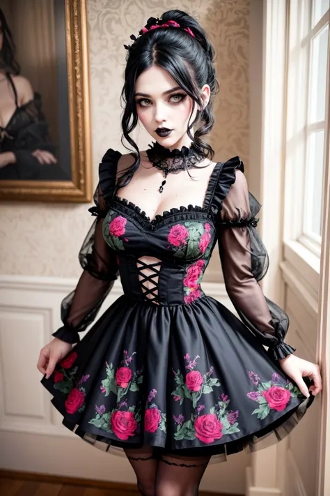 <lora:edgVintageTeaDress:1.2>,  
beautiful (goth:1.4) woman, edgVTD, (wearing edgVTD:1.4), dark floral print, collared dress, formal dress attire, perfect hair, ponytail, looking at viewer,  teasing viewer, (afternoon tea:1.2), full body,
(masterpiece),