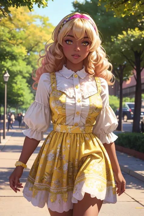 ultra detailed, sharp focus, best quality, masterpiece, colorful, dynamic lighting, <lora:edgVintageTeaDress:1> yellow edgVTD, wearing edgVTD, floral print, blonde hair, blush, large eyes, curly hair, hairband, yellow eyes, dark skin, park background, taking a stroll, best quality, masterpiece, intricate details