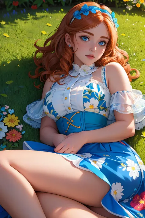 ultra detailed, sharp focus, best quality, masterpiece, colorful, dynamic lighting, <lora:edgVintageTeaDress:1> edgVTD, wearing edgVTD, floral print, light ginger hair, large eyes, curly hair, hairband, blue eyes, lawn background, lying, best quality, masterpiece, intricate details