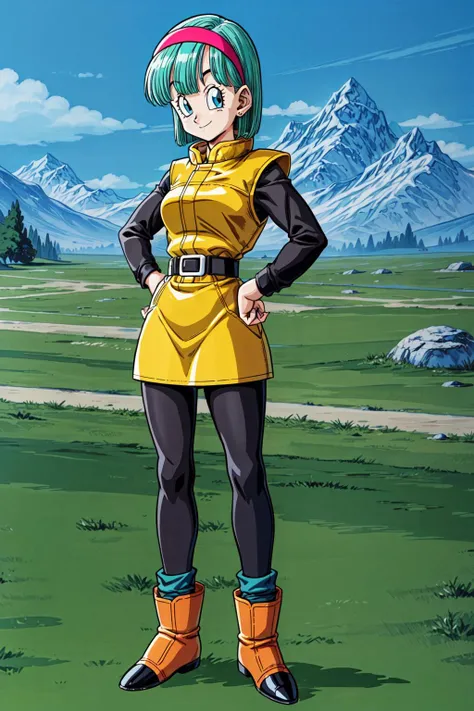 namek saga, bulma, 1girl, solo, breasts, looking at viewer, smile, short hair, blue eyes, yellow dress, standing, full body, pantyhose, outdoors, sky, belt, cloud, black pantyhose, aqua hair, green sky, namek background, hands on hips, mountain, red hairband, yellow boots, socks, blue grass, long sleeves
 <lora:add_detail:1> <lora:bulma:0.6>