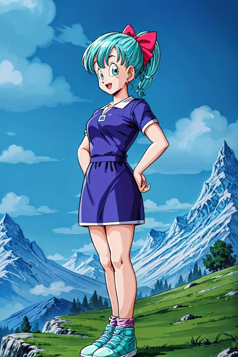 bulma, 1girl, solo, looking at viewer, smile, open mouth, blue eyes, ribbon, standing, full body, hair ribbon, braid, short sleeves, earrings, outdoors, sky, shoes, day, socks, cloud, hand on hip, aqua hair, blue dress, sneakers, blue footwear, mountain, mountainous horizon, saiyan saga
<lora:add_detail:1> <lora:bulma:0.7>