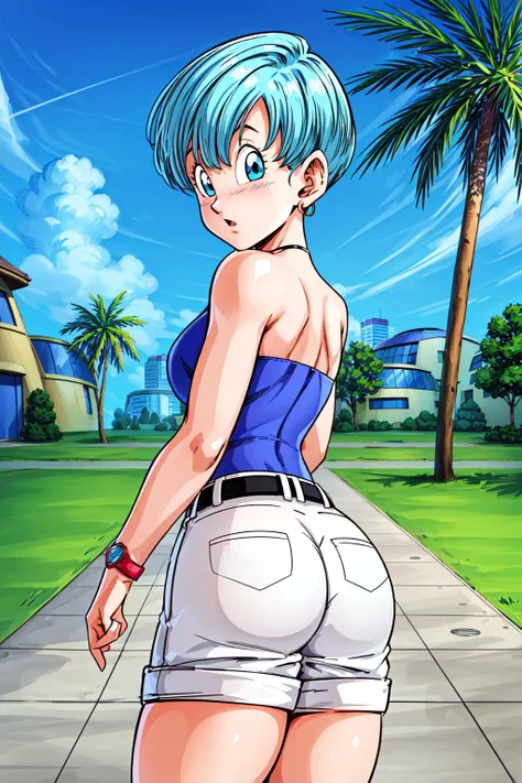 bulma, looking up, 1girl, solo, looking at viewer, blush, short hair, open mouth, blue eyes, blue tube top, bare shoulders, jewelry, blue hair, ass, earrings, outdoors, sky, day, belt, looking back, cloud, from behind, tree, blue sky, short shorts, strapless, blue shirt, watch, white shorts, palm tree, wristwatch, shirt tucked in, saiyan saga
<lora:add_detail:1> <lora:bulma:0.7>