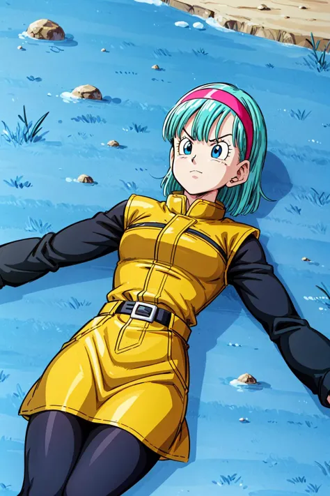 namek saga, bulma, 1girl, solo, short hair, blue eyes, blue hair, hairband, outdoors, lying, belt, on back, aqua hair, frown, blue grass, outstretched arms, looking up, red hairband, long sleeves, yellow sleeveless jacket, smile, yellow skirt, pantyhose,
<lora:add_detail:1> <lora:bulma:0.6>