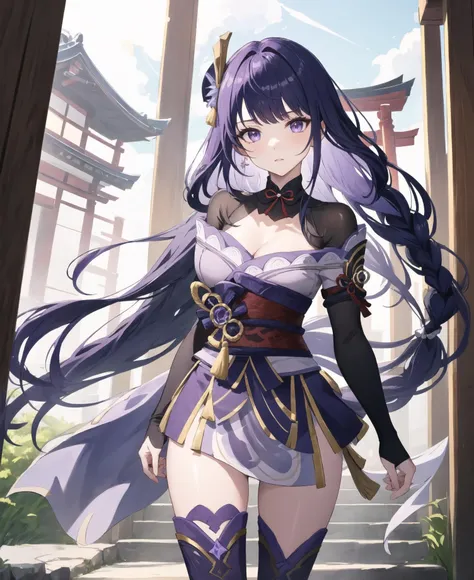 <lora:RaidenShogun:.8>, raidenshogun, genshin impact, 1girl, solo, ponytail, purple dress, head shot, head tilt, corset, knee boots, purple hair, japanese temple,