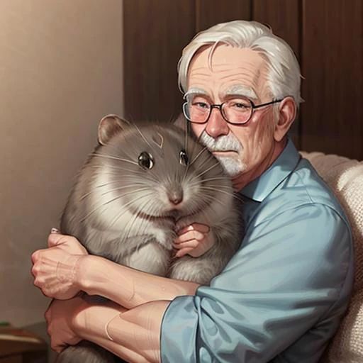 the old man cuddling big hamster,<lora:hamster_:1>,
