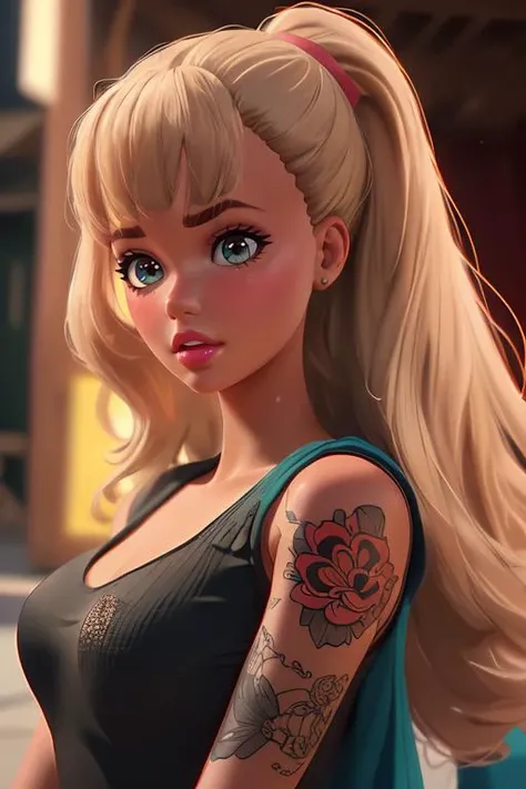 (Cinematic Photo:1.3) of (Ultrarealistic:1.3),(Lustful:1.3) <lora:TS_Barbie:0.65>, ts_barbie, <lora:badbroirezumi3:0.45> tattoo, irezumi,Highly Detailed, RAW candid cinema, 16mm, color graded portra 400 film, remarkable color, ultra realistic, textured skin, remarkable detailed pupils, realistic dull skin noise, visible skin detail, skin fuzz, dry skin, shot with cinematic camera