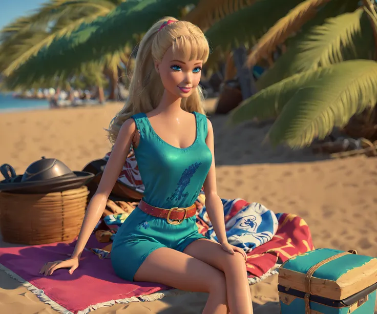 <lora:TS_Barbie-16:0.8>, (masterpiece, best quality), highres, (8k, RAW photo, highest quality), ultra-realistic, 3d, centered, (TS_Barbie), mid shot, (full body:1.2), a cartoon girl in a blue jumpsuit and pink belt sitting on a beach towel in the style of pixar, (perfect lighting and composition:1),soft lighting, (high detail, 8K resolution:1), hdr:0.7, detailed face, perfect, (dynamic), pose, (high quality:1.2), plastic skin, ((shiny:1.3)), hourglass figure, smile, (depth of field:0.8), 50mm, film grain:0.7, fujifilmXT3, focus face, (sad:1.2), looking at viewer, detailed eyes, detailed face, floating particles, analog style, beautiful, light makeup, lipstick, (thick waist and thighs:0.6), summer vacation, tropical, palm tree, sandy beach, amazing composition, lively