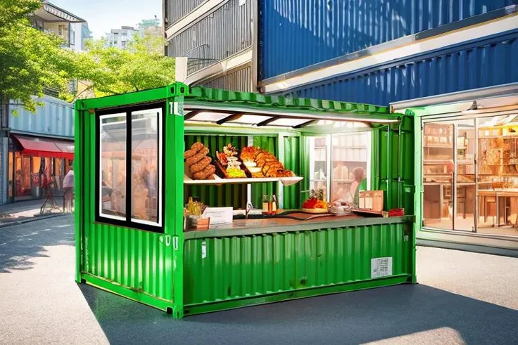 masterpieces, high quality, 8K, 1container barbeque booth, green and white, background is shopping street, sunlight, no human,