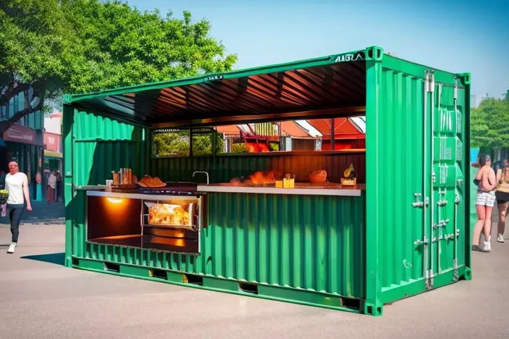 masterpieces, high quality, 8K, 1container barbeque booth, green and white, background is shopping street, sunlight, no human,