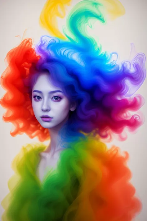 masterpiece,realistic,1girl,<lora:smoke_v1:0.5>,colorful hair,smoke dress,colorful smoke,