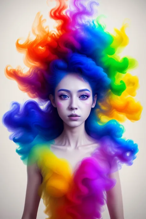 masterpiece,realistic,1girl,<lora:smoke_v1:0.5>,colorful hair,smoke dress,colorful smoke,