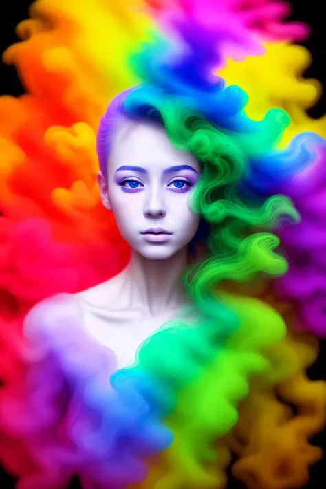 masterpiece,realistic,1girl,<lora:smoke_v1:0.5>,colorful hair,smoke dress,colorful smoke,