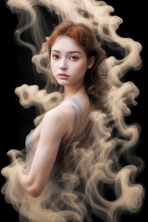 masterpiece,realistic,1girl,<lora:smoke_v1:0.55>,brown hair,smoke dress,brown smoke,