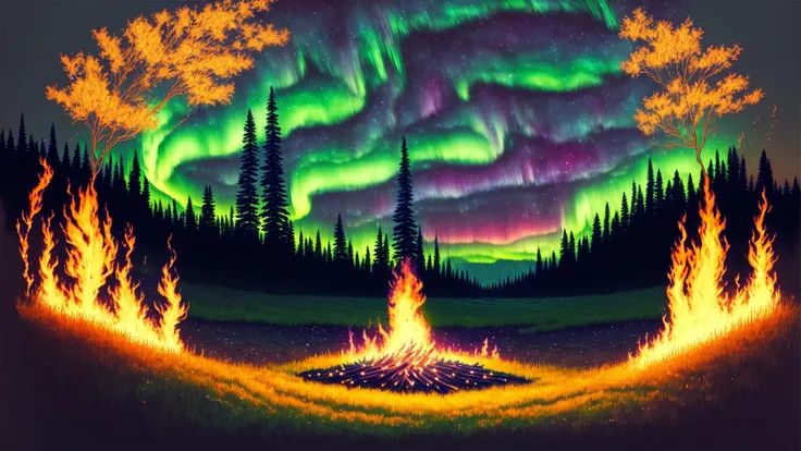 masterpiece, very detailed, high quality, 
northern lights over a summer meadow with a bonfire,