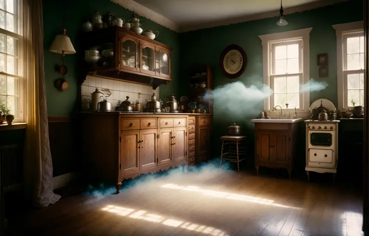 Kodak portra 4 0 0, wetplate, fisheye, award - winning portrait by britt marling, 1 8 8 0 s kitchen, ghost, picture frames, shining lamps, dust, smoke, 1 8 8 0 s furniture, wallpaper, carpet, books, muted colours, wood, fog, plants, flowers