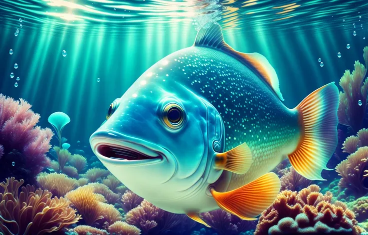 underwater helmet, fish smile happy, beautiful sky, far away, underwater world, paradise, 4k