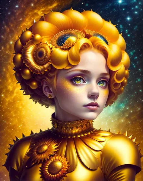 colorpop style, a photographic mugshot portrait of the sun surrounded by orbiting planets moons, golden spiky hair, natalie shau, mark ryden, alberto seveso, brooke shaden, anna dittmann, flora borsi, 8k resolution, perfect composition, milky way