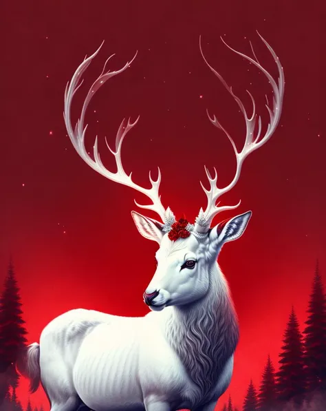 keep the image with a white stag on a dark red background