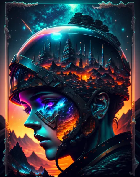 post apocalypse world layered transparency of human head inside with buterflyes only in the brain hybrid, beautiful detailed intricate insanely detailed octane render trending on artstation, 8 k artistic photography, photorealistic, centered, symmetry, painted, intricate, volumetric lighting, beautiful, rich deep colors masterpiece, sharp focus, ultra detailed, in the style of dan mumford and marc simonetti, astrophotography 35mm a4, neon ambiance, abstract black oil, gear mecha, detailed acrylic, grunge, intricate complexity, rendered in unreal engine, photorealistic