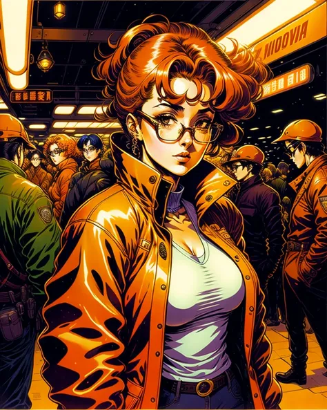 Vintage 90's anime style environmental wide shot of a chaotic crowded underground market at night; a woman wearing an orange jacket and glasses tries to hide her face from the police; by Hajime Sorayama, Greg Tocchini, Virgil Finlay, sci-fi. line art. Environmental art.