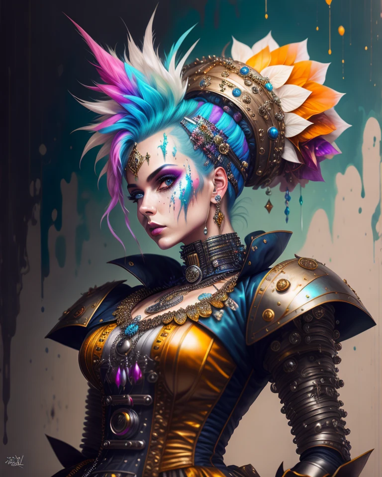 A highly detailed and hyper realistic drawing of a couture punk rock robot, styled by vivienne westwood, by alberto seveso and lisa frank, trending on artstation, sharp focus, studio photo, intricate details, highly detailed, by Tvera and wlop and artgerm, insane detail, oil on canvas, moody, eerie, mystery, artstation, sharp focus, cinematic lighting, studio photo, intricate details, highly detailed, concept art, highly detailed realistic face, oil painting, heavy strokes, paint dripping