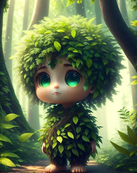 Imagine a human with leaves growing out of their body, as if they are becoming one with the forest. Their limbs and torso are covered in lush greenery, and their hair is made of branches and leaves. The setting is a dense, misty forest, and the overall feeling is one of harmony and connection with nature, perfect eyes, perfect face, cute big circular reflective eyes, Pixar render, unreal engine cinematic smooth, intricate detail