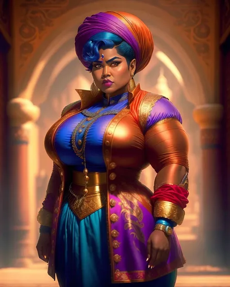 analog style, Mennatullah Jamilah, (big muscle:1.0), (big breast:1.0), (big beautiful woman), 30 years old, ((1900s)), wearing a coat solarpunk, (((very short hair))), (aladdin film style:1.4)