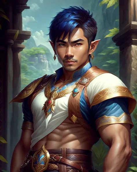 Male half-elf, malaysian, 30 years, tanned complexion, round face, pointed ears, short hair, small mustache, small beard, wearing fantasy clothes, a white shirt, a thick brown leather belt, blue glove