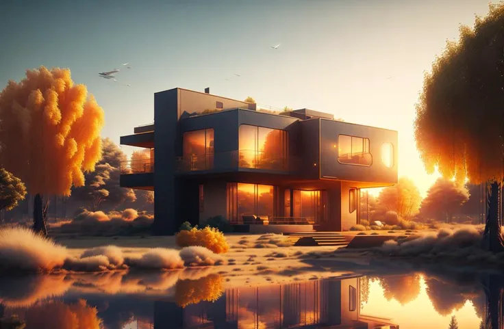 modern house, golden hour, architecture, concept art, matte painting