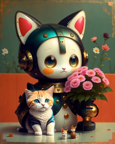 portrait of a cute robot holding a kitten, colorful, perfectionism, cinematic lighting, postproduction, illustration collage by Ismail Inceoglu, Royo, Jane Jones, Dora Maar, Junji Ito,  Kandinsky; maximalism, precisionism, ambient occlusion, 3d liquid detailing, subsurface scattering, octane render, VRay, 16k, a masterpiece by Sarah moon, flowers