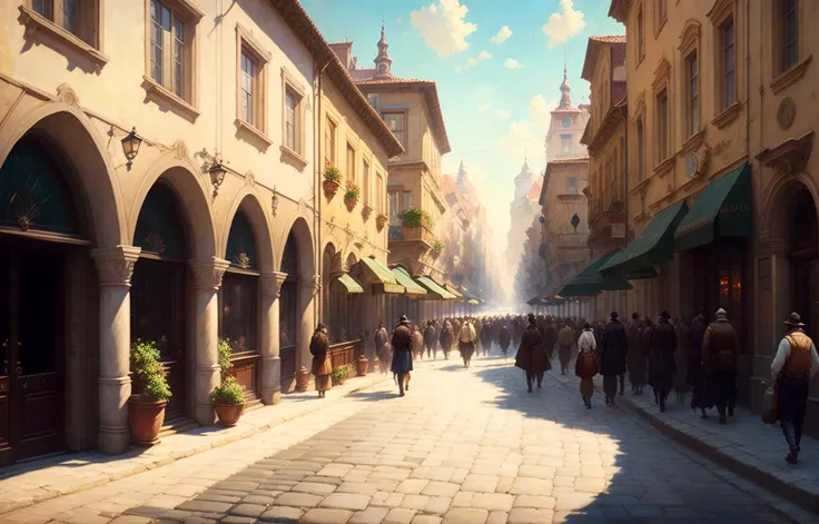 city street, Surikov artist, 8k, sunny background, realistic, hdr, photography