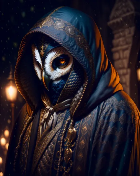 a man in a hooded cloak wearing wearing an elaborate owl mask of the finest craftsmanship. highly intricately detailed. wearing loose flowing robes for a masquerade. dramatic lighting. Canon EOS R 50mm [low-budget cheap shitty]