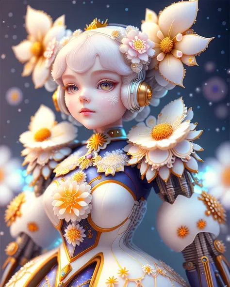 prfm style, closeup a lovely fractal flower embellished snow white very cute english princess erotic beautiful body, scifi, futuristic, utopian, machine parts, body parts, wires, circuits, highly detailed, octane render, Purity, smooth soft skin, symmetrical, soft lighting, detailed face, concept art, digital painting, looking into camera