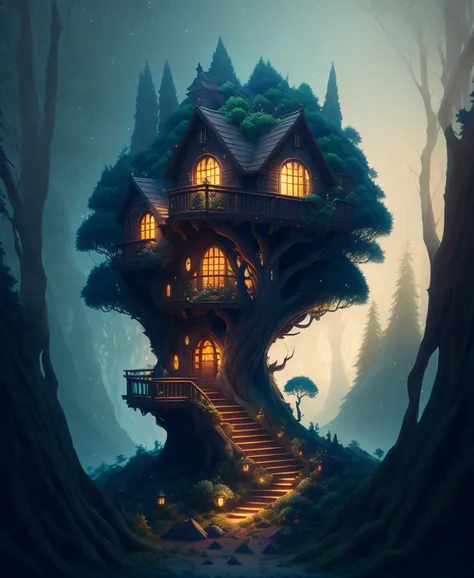 pixar style tree house on top of a hill, dark and scary forest background, unreal engine, artstation, detailed, digital painting, cinematic, character design by pixar, unreal 5, hyperrealistic, octane render, perfect composition, beautiful detailed intricate insanely detailed octane render trending on artstation, 8 k artistic photography, photorealistic concept art, soft natural volumetric cinematic perfect light, chiaroscuro, award - winning photograph, masterpiece, oil on canvas, raphael, caravaggio, greg rutkowski, beeple, beksinski, giger