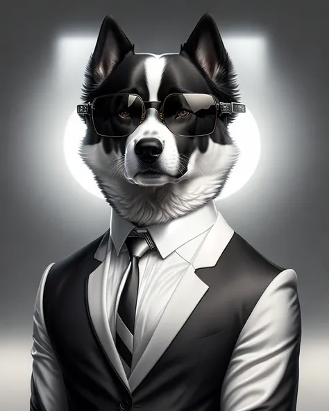 Generate an ultra-realistic image of a human-like Thai Bangkaew dog with thick white and black fur, wearing a modern grey business suit, square blacked-out lens sunglasses. The image should be in a corporate setting, depicting the Thai Bangkaew dog as a business professional.